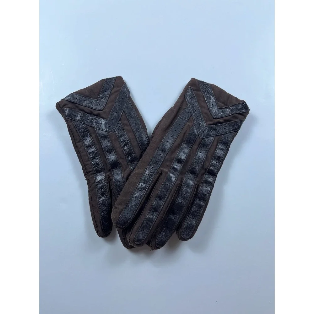 Vintage Isotoner Brown Mixed Media Chevron Stripe Leather Trim Gloves Women OS - Picture 3 of 3